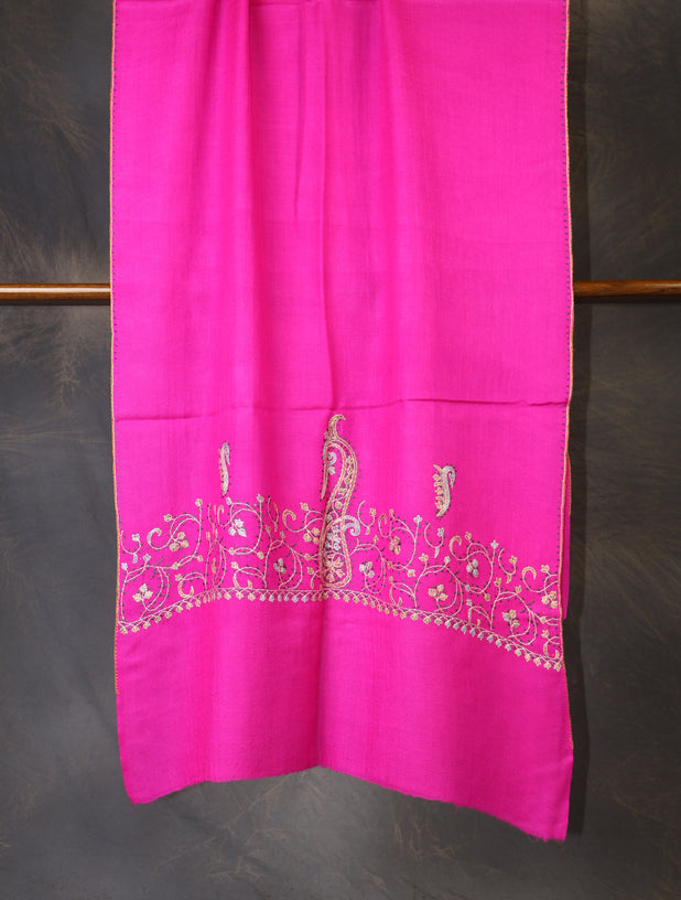 Pink Base Big Border Green Sozni Embroidery Merino Wool Scarf