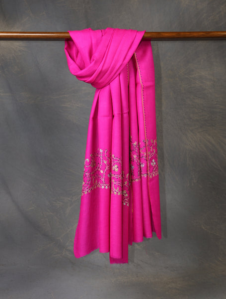 Pink Base Big Border Green Sozni Embroidery Merino Wool Scarf