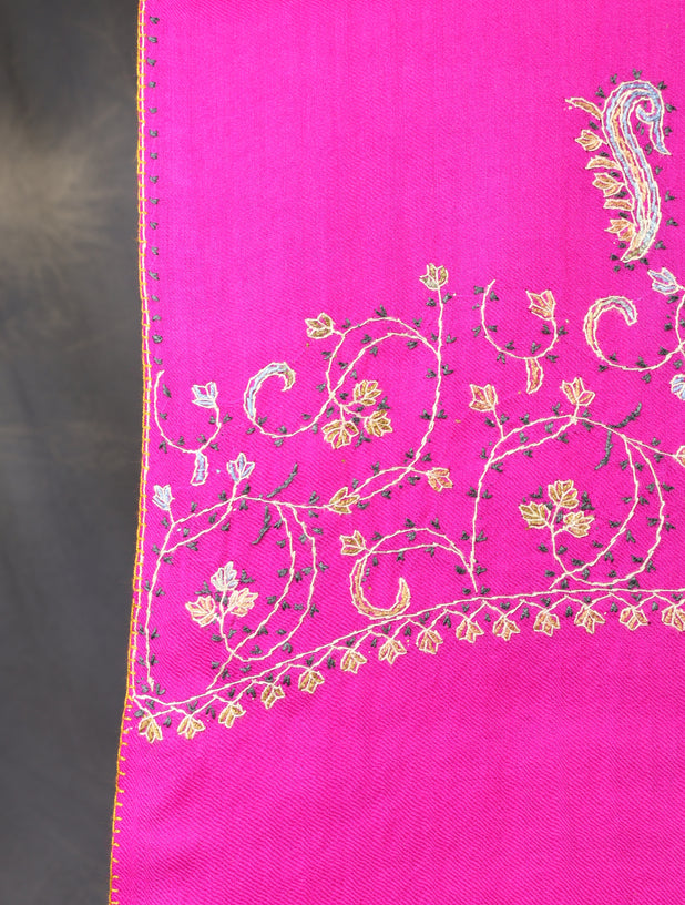 Pink Base Big Border Green Sozni Embroidery Merino Wool Scarf