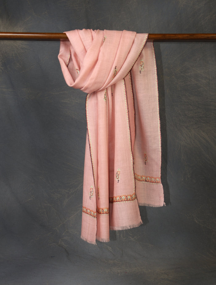 Soft Pink Base Boteh Embroidery Pashmina Cashmere Scarf