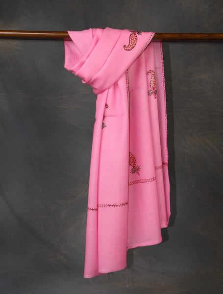 Pink Base Buteh Merino Sozni Hand Embroidery Scarf