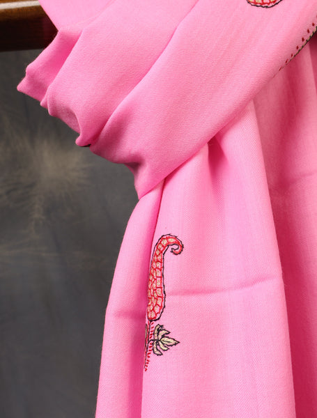 Pink Base Buteh Merino Sozni Hand Embroidery Scarf