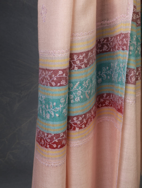 Pink Base With Border Embroidery Cashmere Pashmina Scarf – detail view