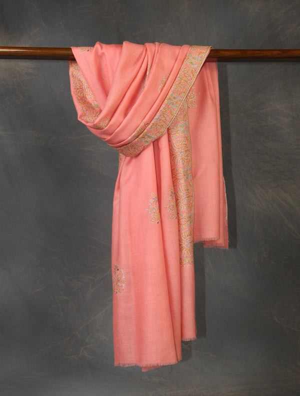 Pink Big Border Embroidery Pashmina Shawl — Sozni border embroidery pashmina shawl from Kashmir