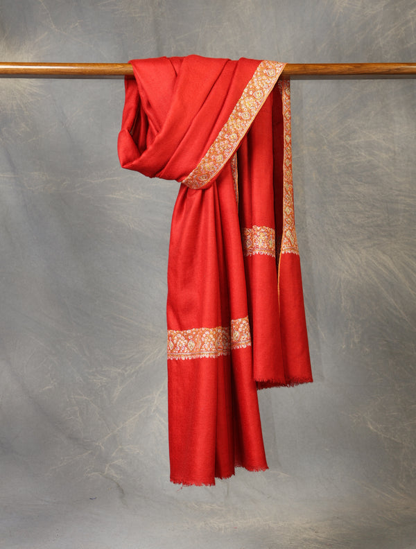 Red Base Big Border Embroidery Cashmere Pashmina Shawl — Sozni border embroidery pashmina shawl from Kashmir