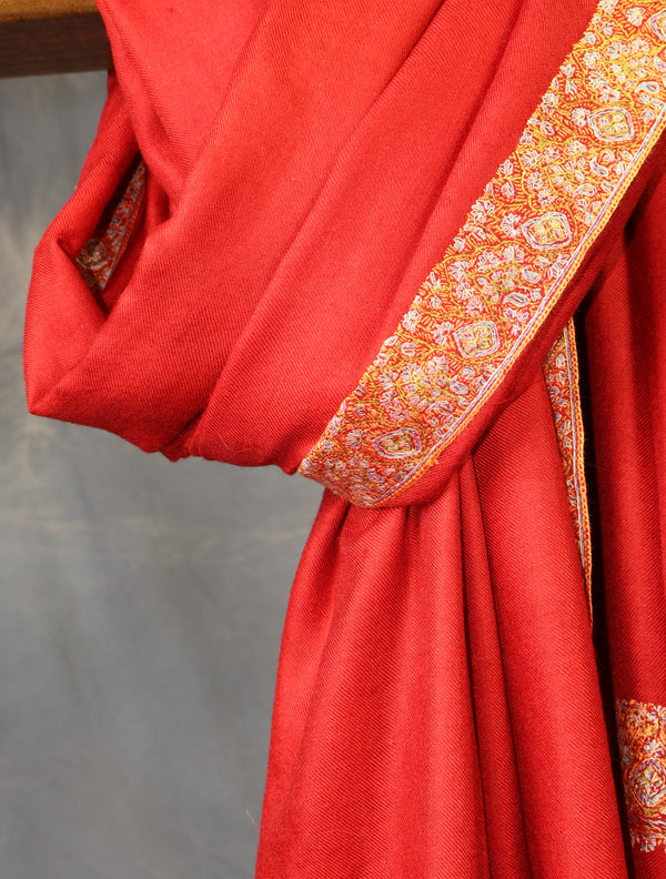 Red Base Big Border Embroidery Cashmere Pashmina Shawl — pashmina shawl detail