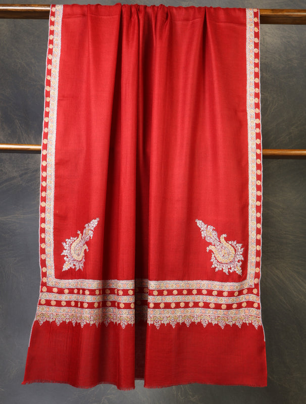 Red Big Border Embroidery Cashmere Pashmina Shawl 