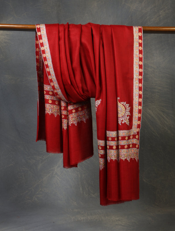 Red Big Border Embroidery Cashmere Pashmina Shawl 