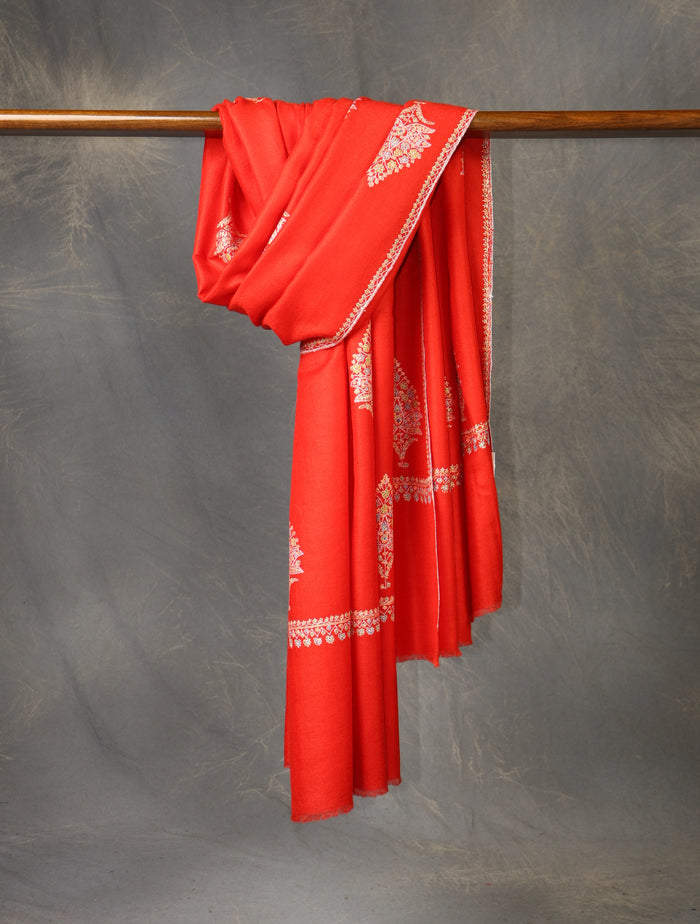 Red Boteh Motif Embroidery Cashmere Pashmina Shawl