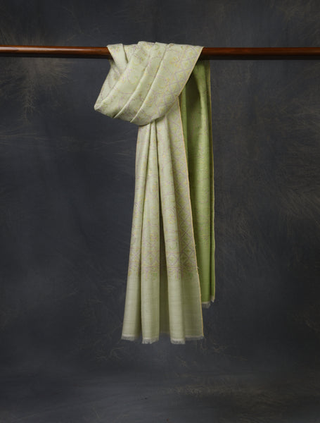 Reversible Mint Green Jali Embroidery Cashmere Pashmina Scarf