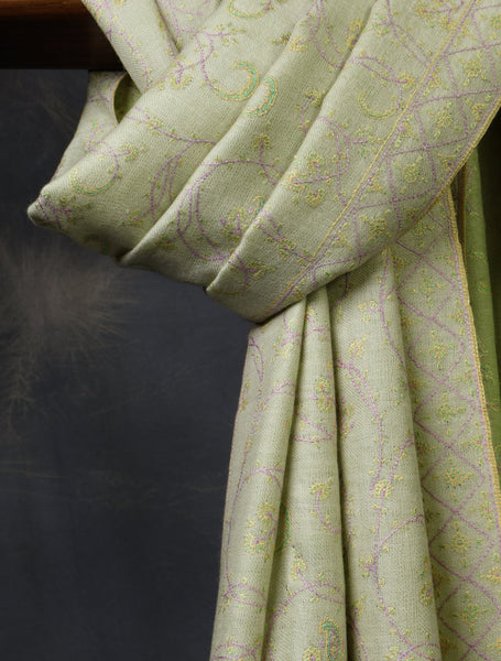 Reversible Mint Green Jali Embroidery Cashmere Pashmina Scarf