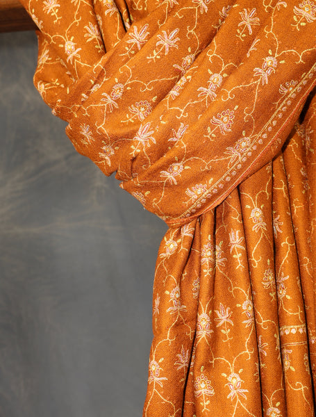 Rich Rust Base Jali Embroidery Cashmere Pashmina Shawl