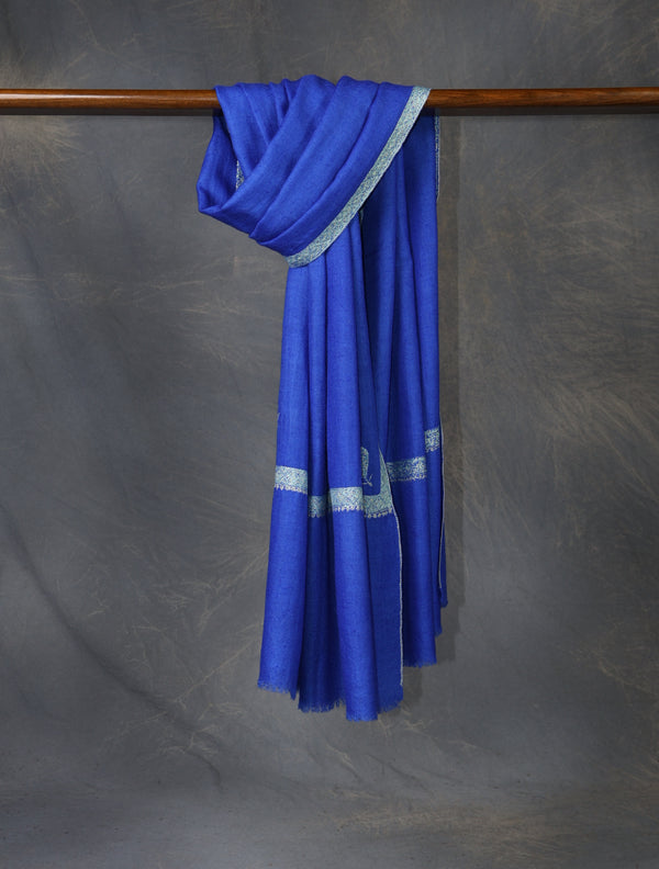 Royal Blue colour with Small Border Embroidery Cashmere Pashmina Scarf — Sozni border embroidery pashmina shawl from Kashmir