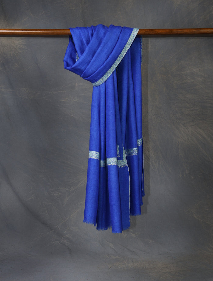 Royal Blue colour with Small Border Embroidery Cashmere Pashmina Scarf