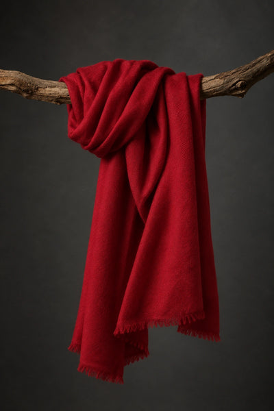 A rich ruby cashmere scarf with fringed edges draped over a rustic wooden branch against a dark gray studio background.