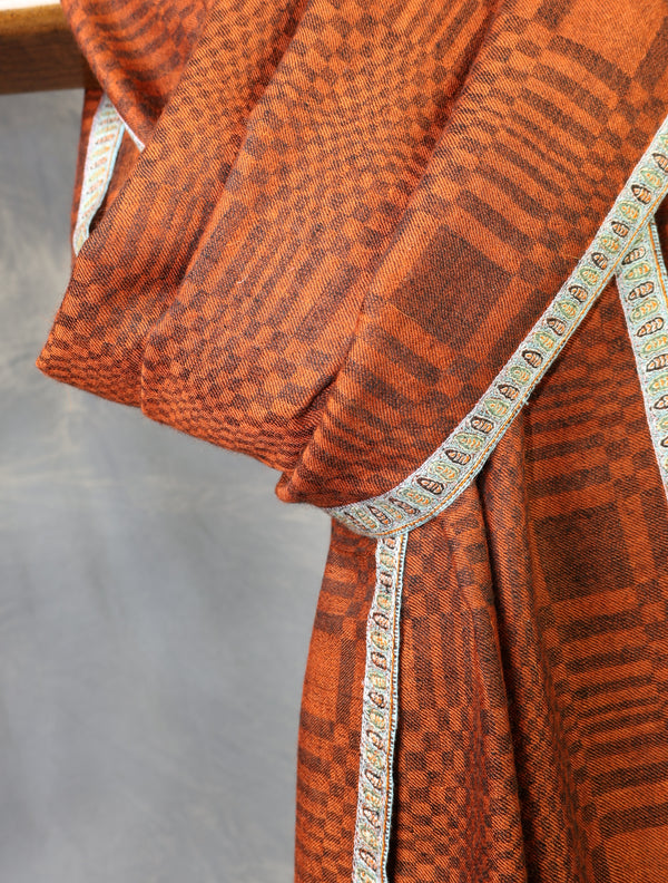 Rust Ikkat Base Small Border Embroidery Cashmere Pashmina Shawl — pashmina shawl detail
