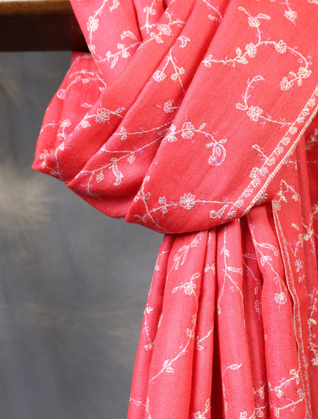 Salmon Pink Base With Jali Embroidery Pashmina Cashmere Scarf
