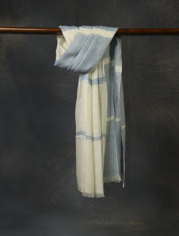 Sky Blue And Ivory Plaid Pure Cashmere Pashmina Scarf 