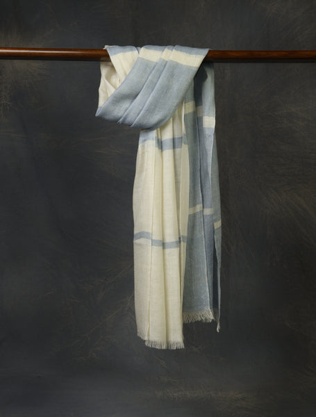 Sky Blue And Ivory Plaid Pure Cashmere Pashmina Scarf 