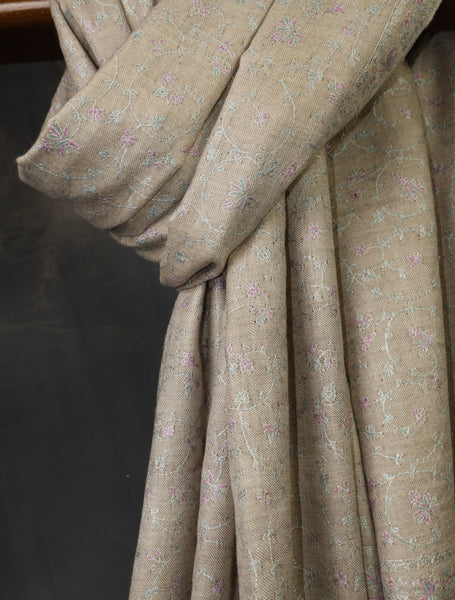 Soft Beige Base Jali Embroidery Cashmere Pashmina Shawl