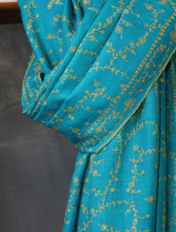 Turquoise Jali Embroidery Cashmere Pashmina Scarf — pashmina shawl detail