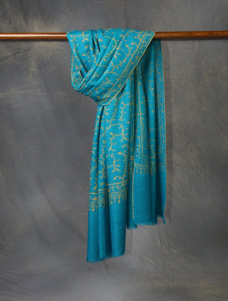 Turquoise Jali Embroidery Cashmere Pashmina Scarf