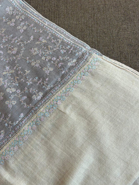 Grey Jali Embroidery Handwoven Cashmere Pashmina Scarf