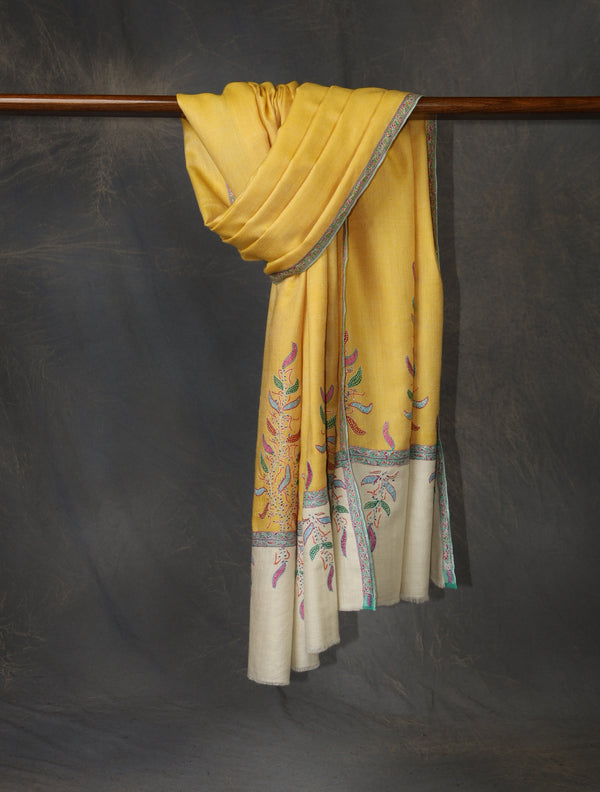 Yellow Base Big Border Embroidery Cashmere Pashmina Shawl — Sozni border embroidery pashmina shawl from Kashmir
