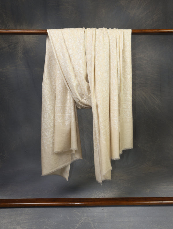 3 yard Ivory Jamawar Silk Embroidery Cashmere Pashmina Shawl – detail view