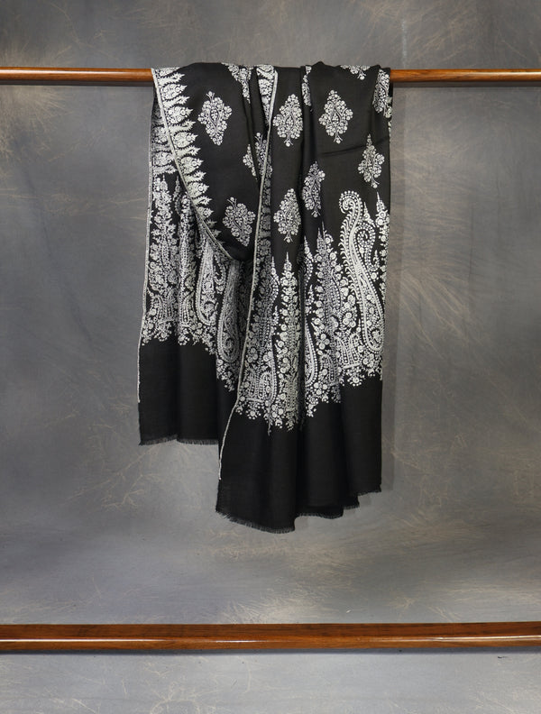 2.5 yard Black Buteh Palla Embroidery Cashmere Pashmina Shawl – detail view