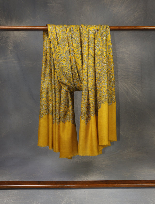 3 yard Mustard Jamawar Embroidery Cashmere Pashmina Shawl – detail view