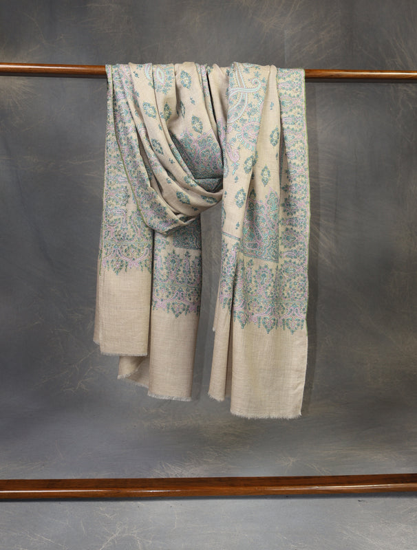 2.5 yard Ivory Jali Embroidery Cashmere Pashmina Shawl