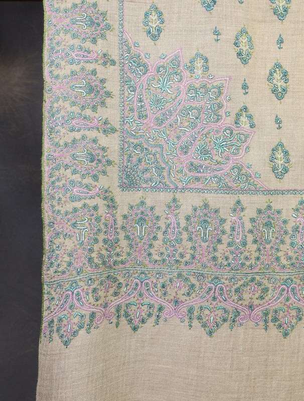 2.5 yard Ivory Jali Embroidery Cashmere Pashmina Shawl