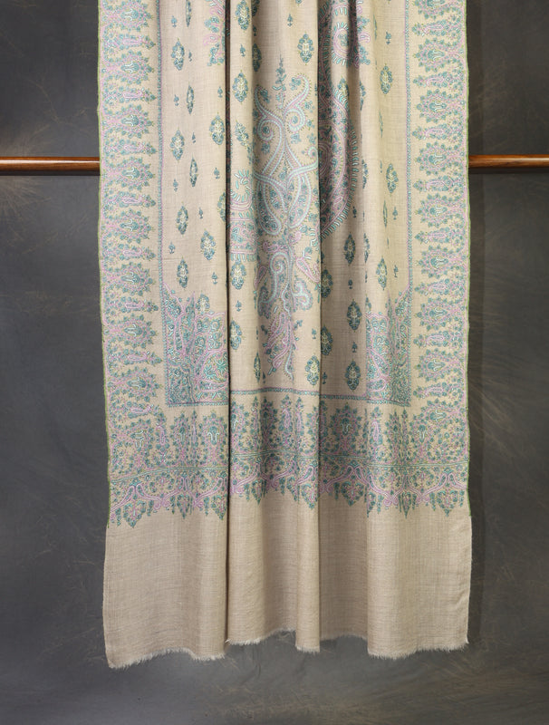 2.5 yard Ivory Jali Embroidery Cashmere Pashmina Shawl