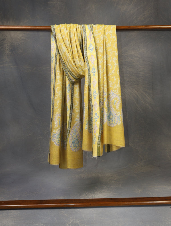 2.5 yard Mutard Jali Embroidery Cashmere Pashmina Shawl – detail view