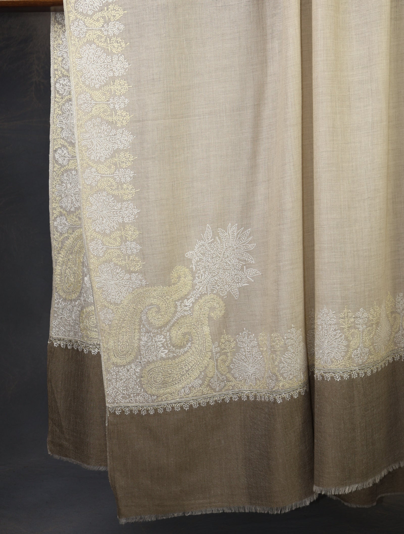 3 yard Ivory Corner Embroidery Cashmere Shawl