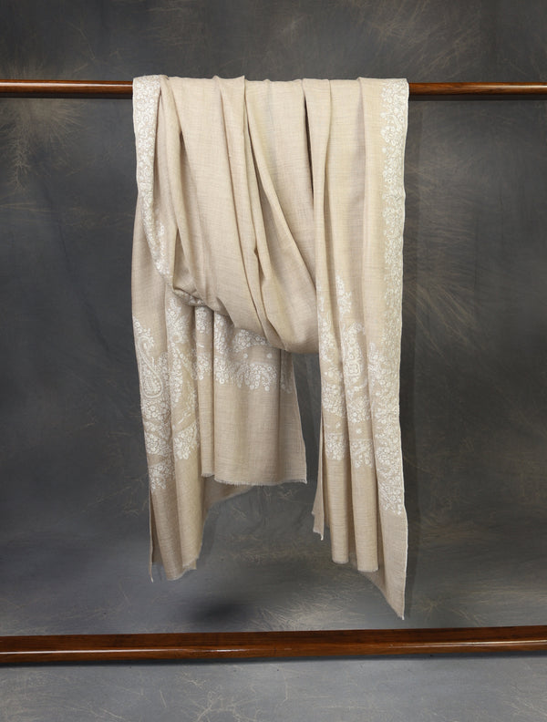 3 yard Ivory Big Border Embroidery Cashmere Pashmina Shawl – detail view
