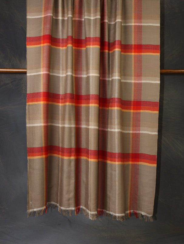 natural and red plaid handwoven shawl 2