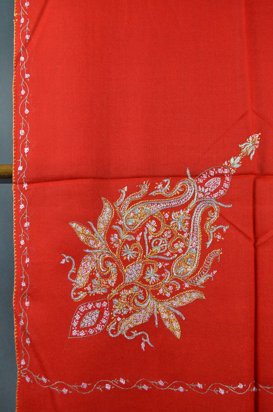Red Cone Motif Merino Sozni Hand Embroidery Scarf
