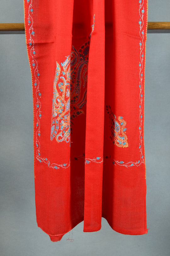 Bright Red Base Cone Motif Merino Sozni Hand Embroidery Scarf