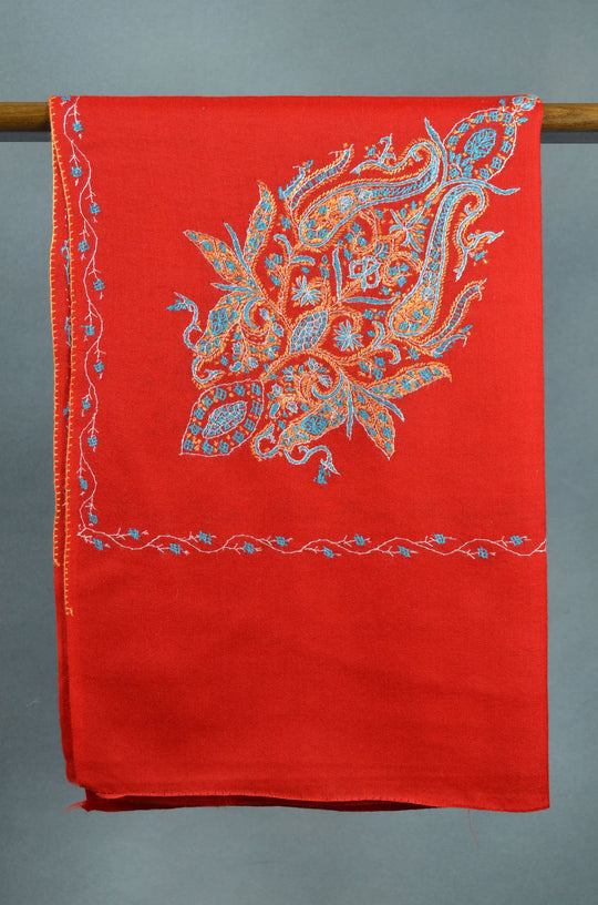 Bright Red Base Cone Motif Merino Sozni Hand Embroidery Scarf