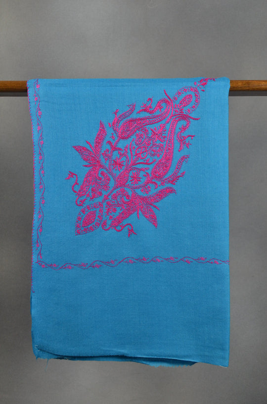 Dark Blue Base Cone Yellow Motif Merino Sozni Hand Embroidery Scarf