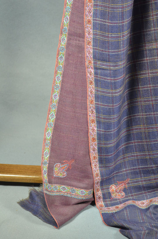 3 Yard Reversible Pashmina Border Embroidery Shawl in Check & Plain Base