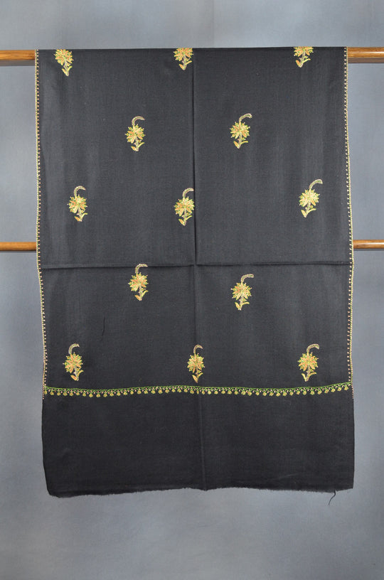 Black Base All-Over Buteh Merino Sozni Hand Embroidery Scarf