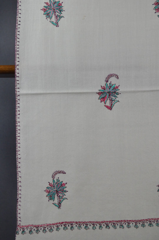 Off-White Base All-Over Buteh Merino Sozni Hand Embroidery Scarf