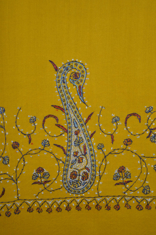 Yellow Base Big Border Sozni Embroidery Merino Wool Scarf