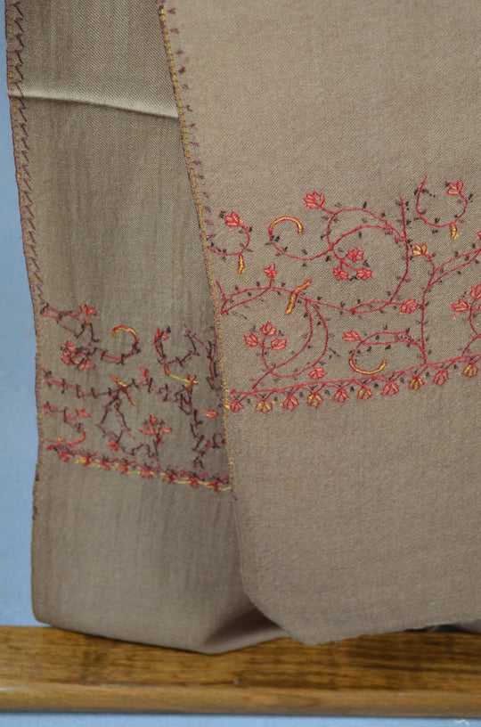 Light Brown Base Big Border Sozni Embroidery Merino Wool Scarf