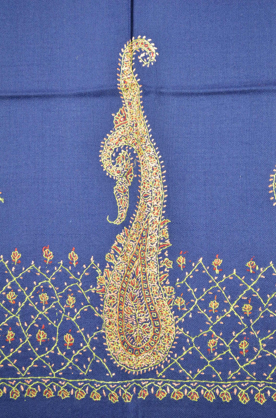 Blue Base Big Border Sozni Embroidery Merino Wool Scarf