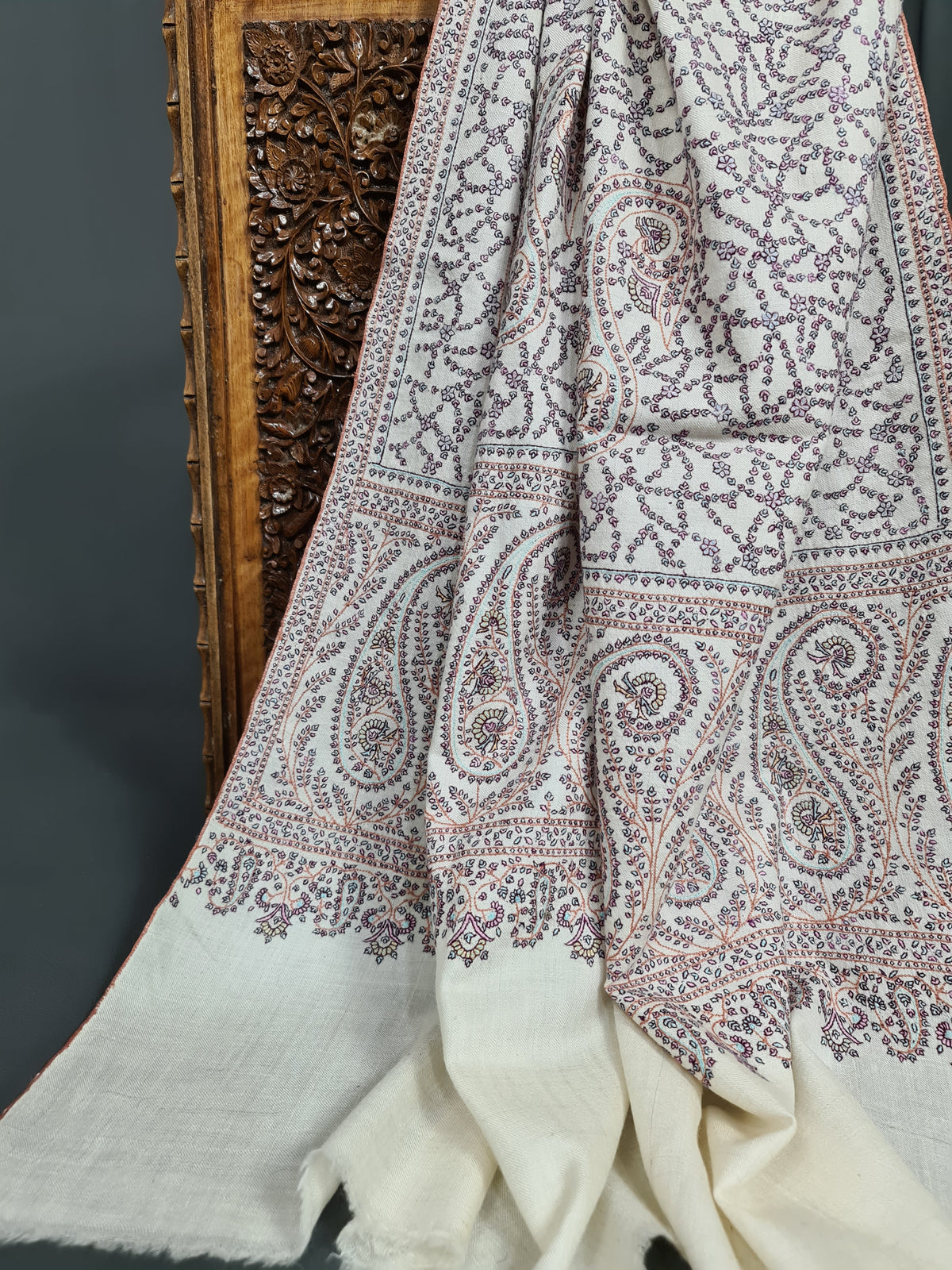Ivory Jamawar Embroidery Pashmina Shawl