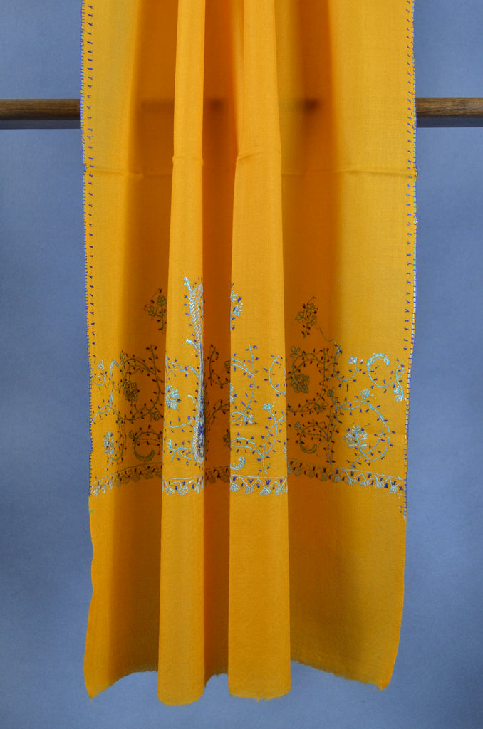 Honey Yellow Base Big Border Sozni Embroidery Merino Wool Scarf